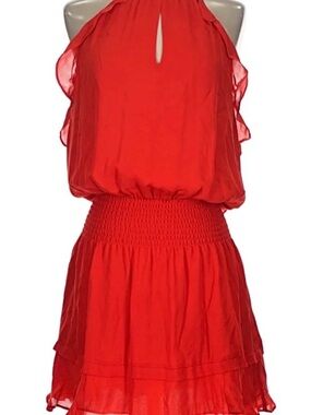 Parker Red Halter Ruffle Smocked Waist Dress